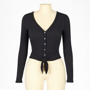 Vtg Y2K Abercrombie & Fitch Black Ribbed Henley Button‎ Long Sleeve Top S Preppy